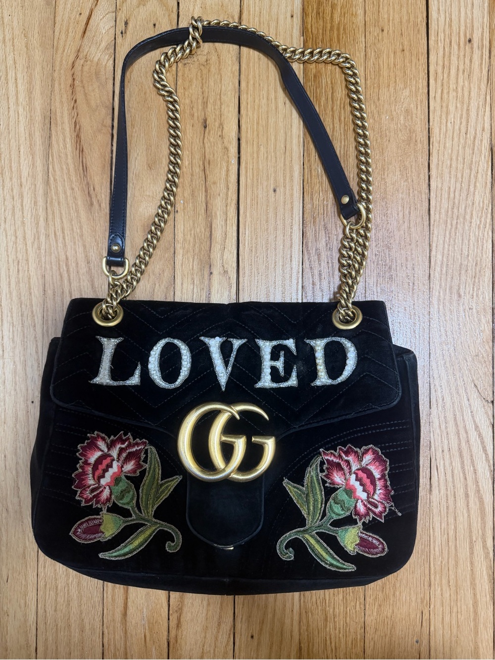 Gucci Black Velvet Floral Shoulder Bag with Gold Chain